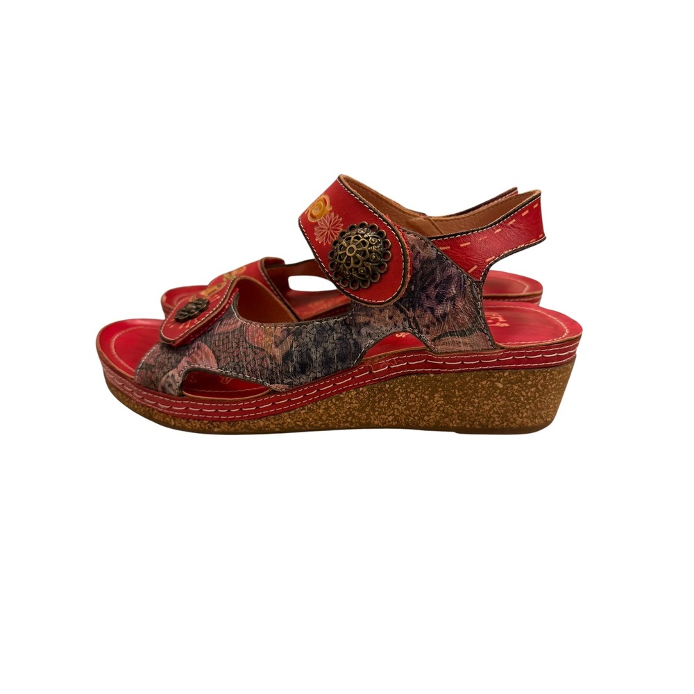 L'Artiste Spring Step Tiffinal Red Leather Floral Wedge Sandals Women 40 US 9